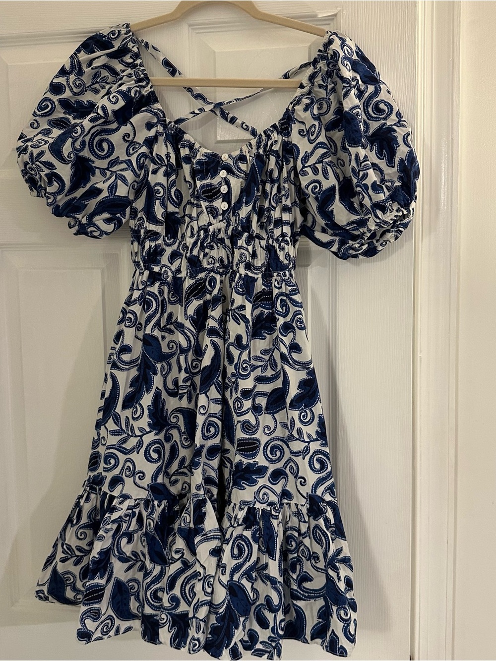 Cleobella Blue paisley floral Puff-Sleeve tie back mini dress women XS